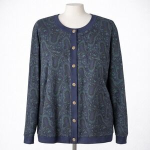 Vtg 90s Paisley Button Cardigan Sweater XL Navy Blue Green Grandma Cottagecore